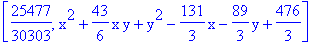 [25477/30303, x^2+43/6*x*y+y^2-131/3*x-89/3*y+476/3]
